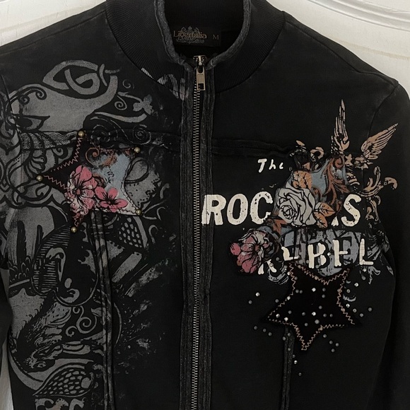 🛍️ Libertalia Black Motorcycle Biker “Rockers & Rebels” Zip Up Sweatshirt, Sz XS - Picture 3 of 12